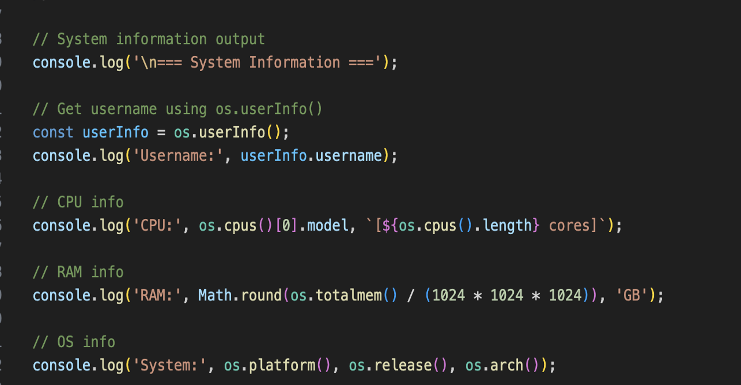 Code from the Electron app showing console output of system profiling.